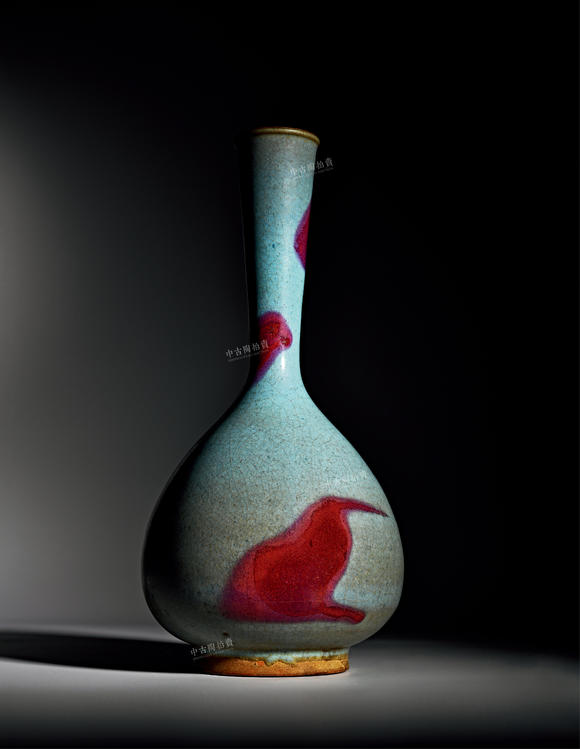 中古陶明 鈞窯天藍(lán)釉紫紅斑直頸瓶