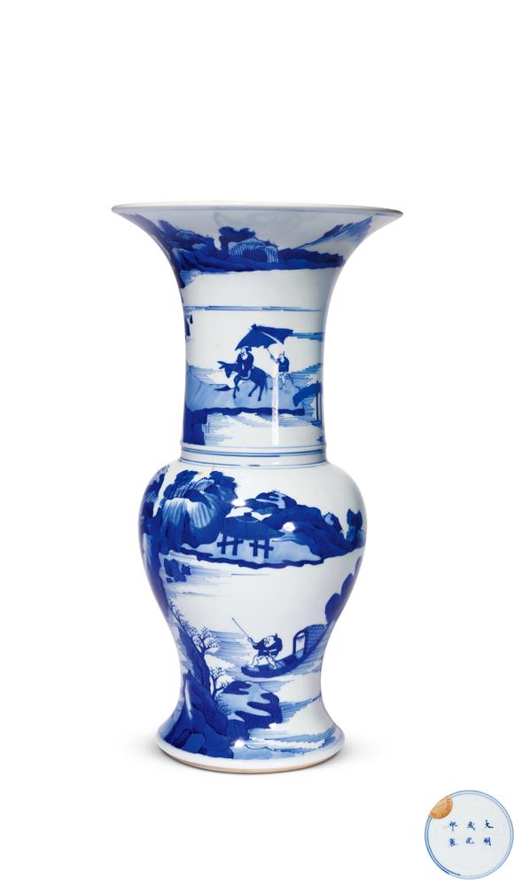中古陶清康熙 青花山水人物花觚