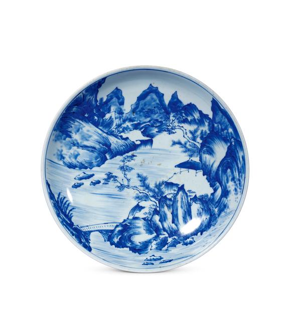 中古陶清康熙 青花山水風(fēng)景圖大盤(pán)