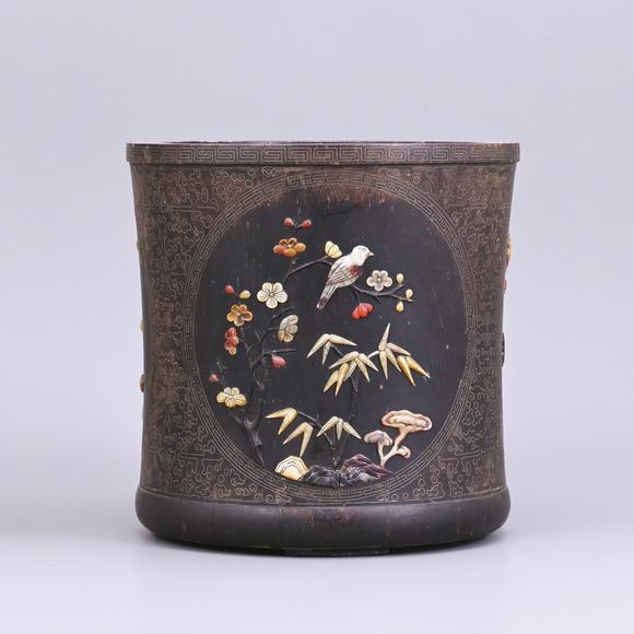 香港華輝漆木錯(cuò)銀絲開(kāi)光花鳥(niǎo)筆海
