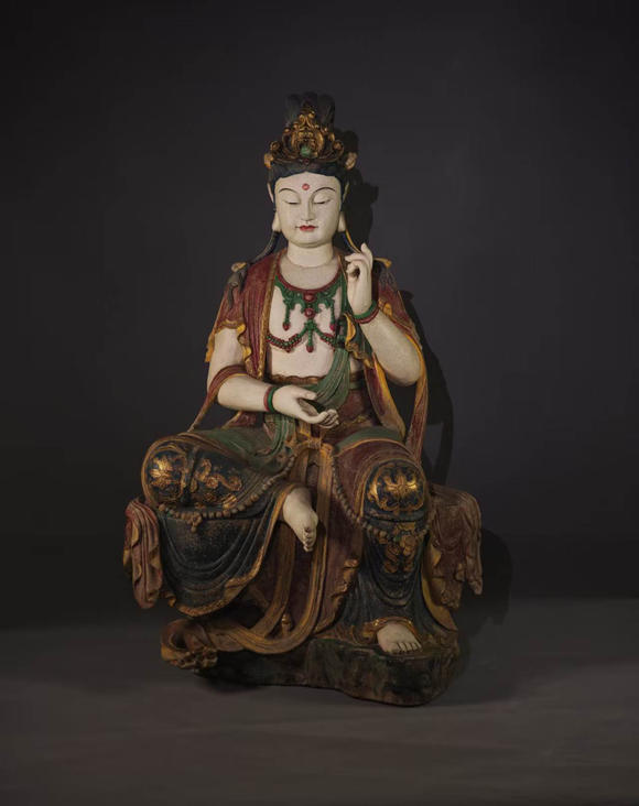 燊金堂香樟木整雕彩繪自在觀音造像