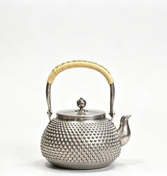 A Pure Silver Teakettle with Full Dot Hammer Texture & Rattan-Wrapped Bail Handle, Marked Shangmei Tang