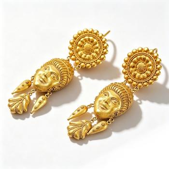 Pair of Etruscan Revival Granulated Gold Mask Drop Earrings