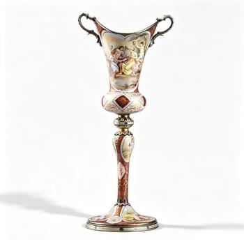 Imperial Viennese Silver & Miniature Painted Enamel Tall Twin-Handled Goblet