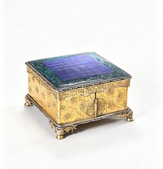 Gilt Bronze Ice-Plum Square Box With Blue Enamel Lid