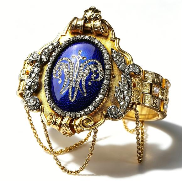 Horizontal EnchèreNapoleon III Detachable Guilloché Enamel Diamond Gold Bracelet