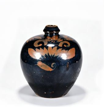 JIN DYNASTY CIZHOU WARE BLACK GLAZE VASE WITH RUST BROWN FLORAL DECORATION
