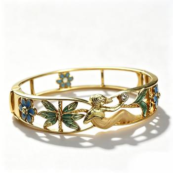 Mascarón Art Nouveau 18K Gold Translucent Enamel Hinged Bangle Bracelet