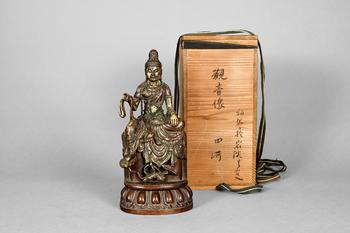 銅泥金跏趺自在觀音菩薩造像（原配蓮座木臺）