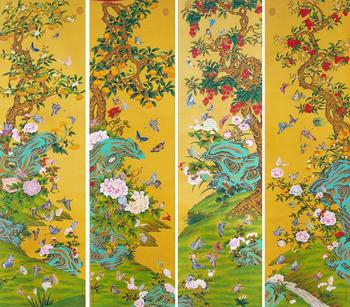 郎世寧 花卉百蝶 四條屏絹本