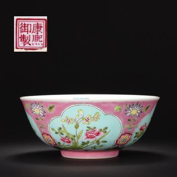 清 洋彩四面開(kāi)窗花卉紋碗