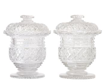 Lot 59 A PAIR OF RICHLY CUT GLASS COMPORTS AND COVERS