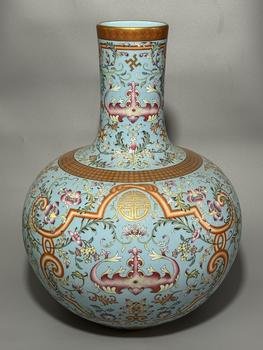 A Turquoise-Ground Famille Rose Globular Vase with Bat, Longevity Character and Intertwined Floral Scroll Motifs, Gilt Rim, China, 18th century