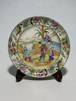 A Large Canton Famille Rose Charger Decorated with Palace Court Scene and Exotic Flowers, 19th Century