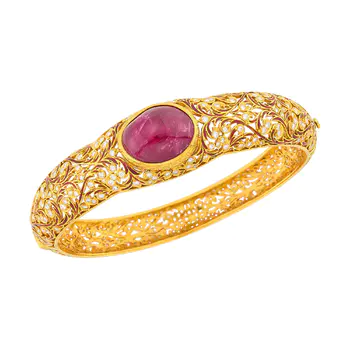 Gold, Cabochon Ruby, Diamond and Orange Enamel Bangle Bracelet
