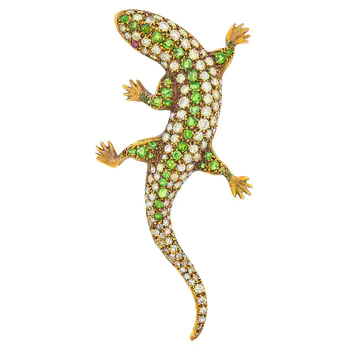 Gold, Demantoid Garnet, Diamond and Ruby Lizard Brooch