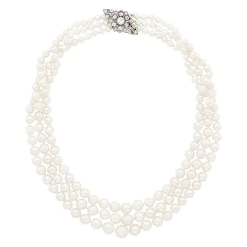 Triple Strand Cultured Pearl Necklace with Silver, Gold and Diamond Clasp