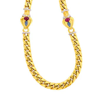 Long Two-Color Gold, Cabochon Ruby, Sapphire and Diamond Curb Link Necklace/Bracelet Combination