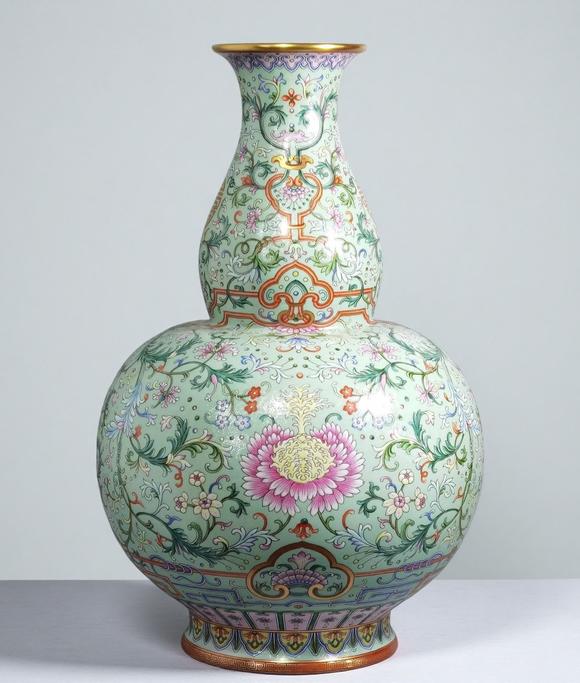 東京蕓術(shù)清乾隆 淺綠地洋彩扒花綿上添花萬壽連延葫蘆瓶