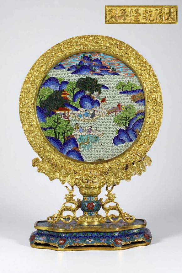 東京蕓術(shù)清 銅胎景泰藍(lán)掐絲琺瑯云蝠紋山水圓座屏