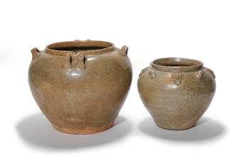 A Pair of Yue Kiln Multi-Lug Jars, 3rd–6th C Pr.