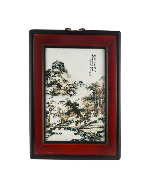 Cascade'sPastel green landscape porcelain painting in the Republic of China | 民國(guó) 粉彩青綠山水瓷板畫(huà)