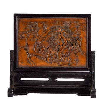 A CHINESE ZISHA INLAID BOXWOOD TABLE SCREEN
