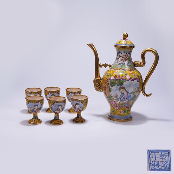千葉大和|東瀛集珍--骨董珍品八月春季拍賣會 第一回銅胎畫琺瑯人物紋執(zhí)壺杯一組