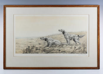 Léon Danchin (French 1887-1938) - Pointers in a landscape, colour etching, signed in pencil lower right, numbered 107/500 lower left, p.33cm x 64cm, w