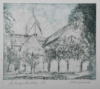 Peter Carreras (British 1921-2019) - a collection of ten etchings and other prints, including ‘St Mary’s Sompting’, ’Danns across the Sands', 'Sun