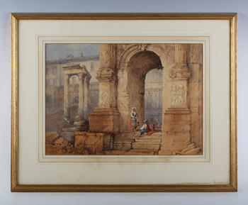 English School (19th century) - Figures amongst classical ruins, watercolour, indistinctly inscribed 'Rome' lower left, 32cm x 45cm, within a gilt fra