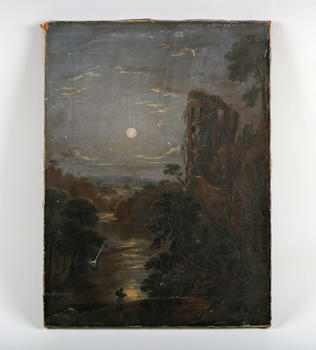 Circle of Sebastian Pether - Moonlit river scene with ruined tower, oil on canvas, 41cm x 30.5cm, unframed.