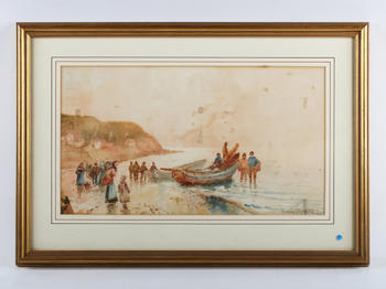Frank Rousse (fl.1894-1917) - Beach scene with boat and fisherfolk arriving with a haul, watercolour, signed lower right, 23cm x 40cm, within a gilt f