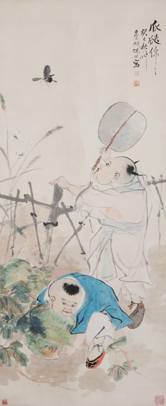 東京中央沐春堂拍賣(mài)倪墨耕 〈嬰戲瓜瓠圖〉 立軸