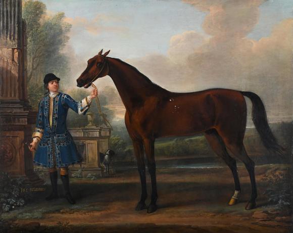 DreweattsJOHN WOOTTON (BRITISH 1686-1765), BAY BOLTON, HELD BY A GROOM, IN A PARKLAND SETTING