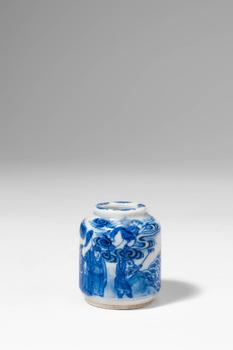 Qing Dynasty, Ca. AD 1644 - 1912. >
A porcelain snuff bottle of rounded cylindrical form with a s