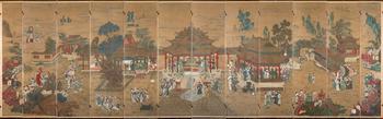 An important painting composed of twelve panels. Ink and colors on silk, China, Qing Dynasty (1644-1912).