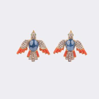 A Pair of Sapphire Diamond Earstuds with Coral 'Birds'.