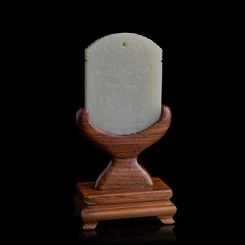 十八世紀(jì)晚/十九世紀(jì)早 白玉山水詩文牌(附木座）  A Chinese carved white jade 'landscape' and 'inscription' plaque