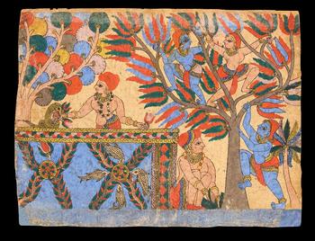 A Paithan painting of Krishna climbing the Kadamba tree,
Maharashtra, India, 19th century?


opaque pigments on paper, with cowherds, on the bank