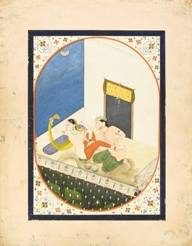 An amourous embrace,
Pahari, Northern India, late 19th century,?

Opaque pigments on paper, on a terrace at night, a crescent moon high in the sky