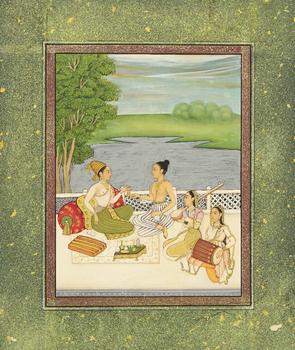 A lady entertained on a terrace near a river bank,?
Provincial Mughal, 19th century,?

opaque pigments heightened with gold on paper, on a terrac