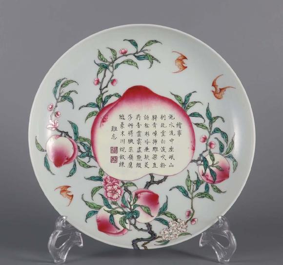 日本松町古美粉彩八桃題詩(shī)盤(pán)