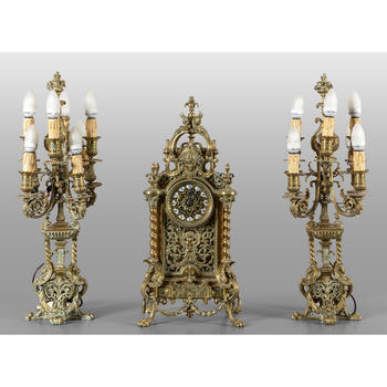 Trittico da camino umbertino in bronzo, fine