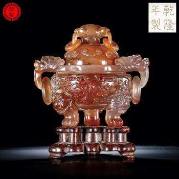 清 獸耳活環(huán)三足香爐（帶木座）