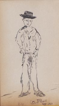 Charles Marion Russell (1864–1926), dessin représentant ? Billy the Kid ?, encre sur papier, daté 1910.
Etat : bon
Mesure avec cadre : H 42,5 cm x