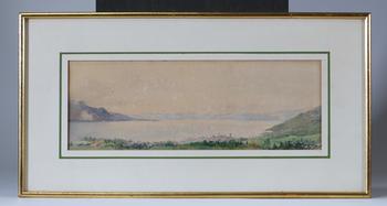 émile DELPERéE (1850-1896), ? Vue de lac ?, aquarelle panoramique figurant un paysage lacustre bordé de collines et de villages dans une atmosphère lu