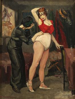 Ernest MARNEFFE (1866-1921), huile sur toile représentant une danseuse de cabaret en costume de scène rouge et blanc dans l’intimité des coulisses, a
