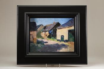 Richard HEINTZ (1871-1929), Les cabanes à Nassogne, 1928, huile sur carton représentant une vue de village ardennais animée par des habitations rurale