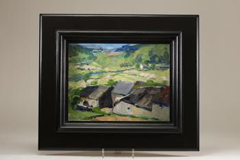 Richard HEINTZ (1871-1929), huile sur carton représentant une vue du village de Sy animée par des habitations rurales au premier plan ouvrant sur un v